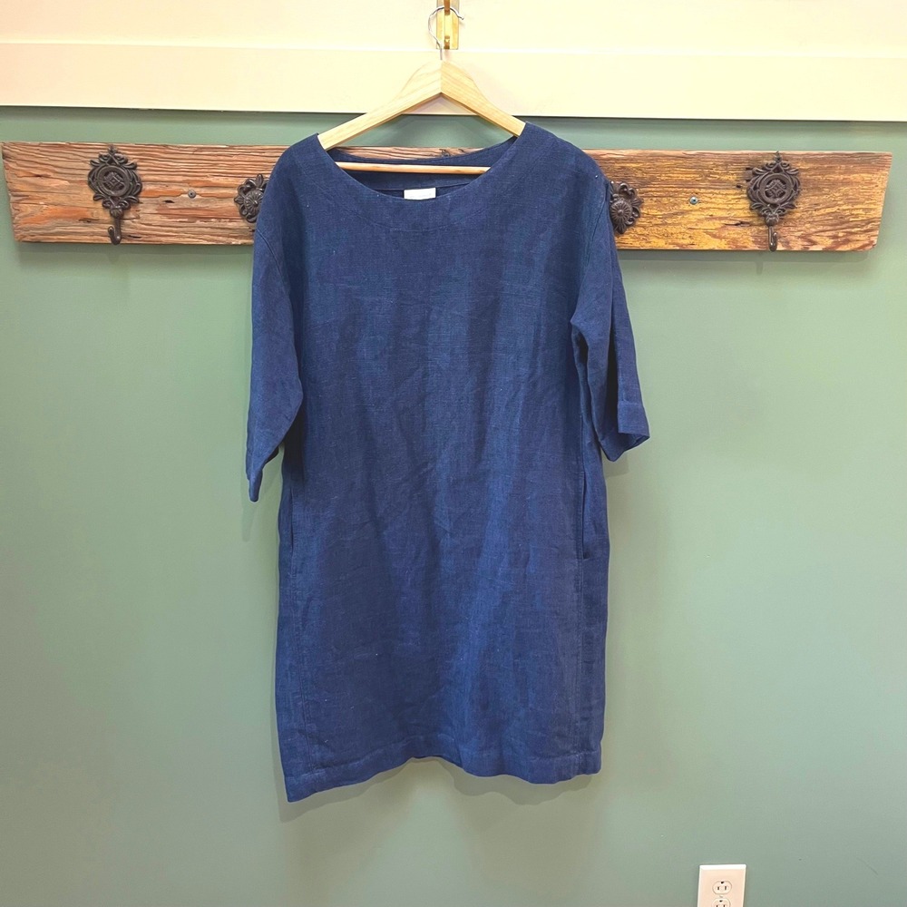Pure Jill J. Jill Womens Navy Blue 100% Linen Scoop Neck Shift Dress Pockets M